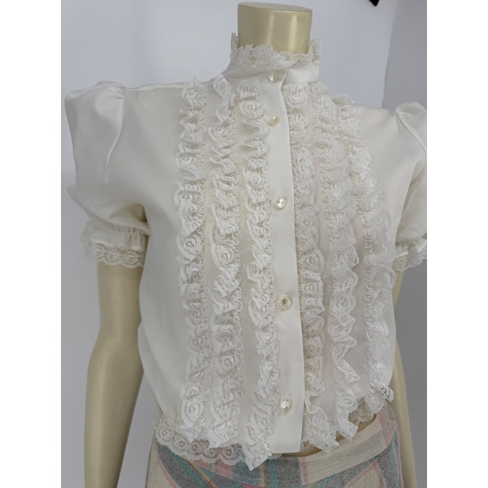Vintage 80s Leslie Fay White Lace Ruffle Victorian Secretary Blouse L Romantic
